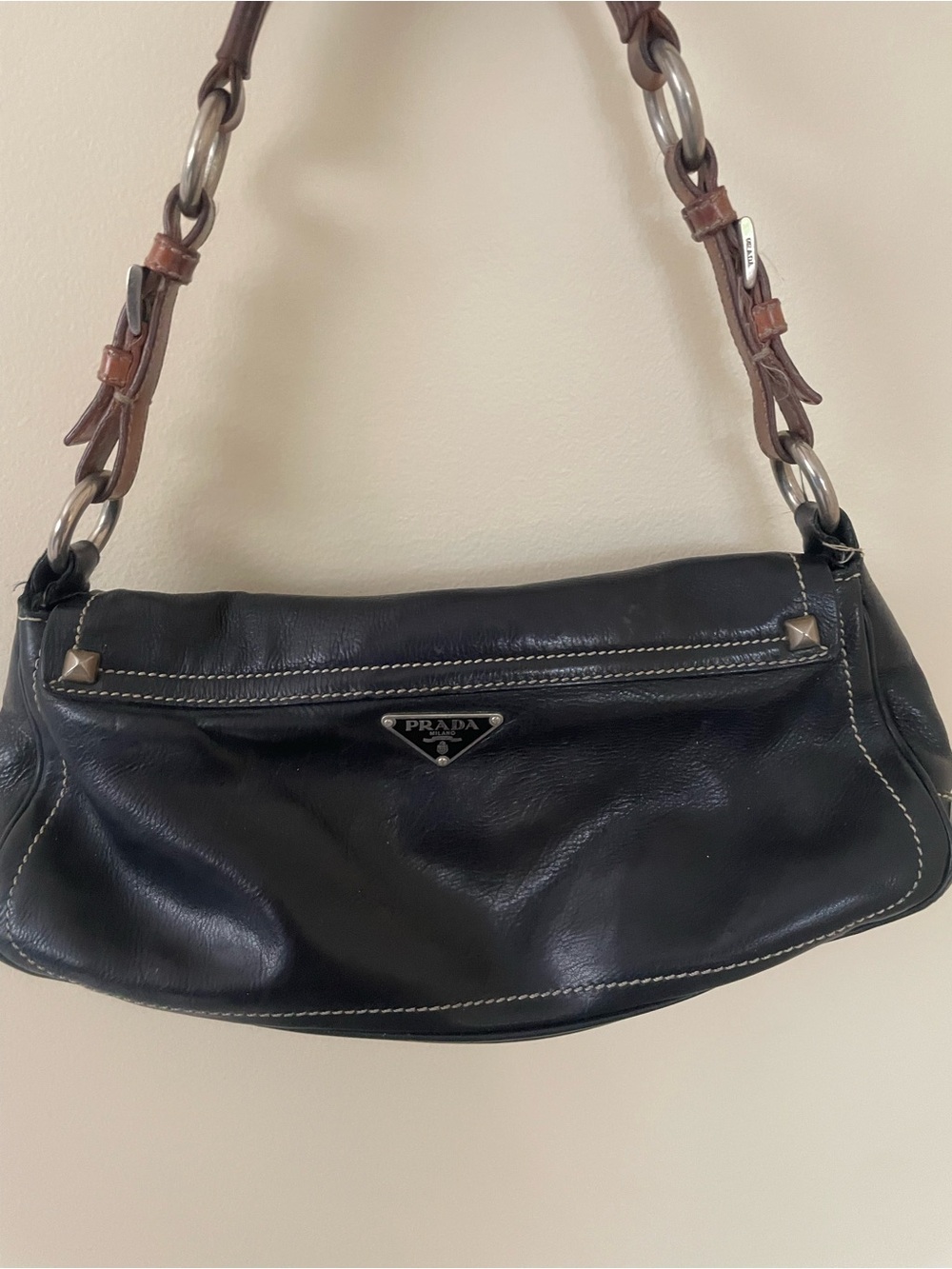 Prada Black Leather Shoulder Bag with Brown Strap and Stud Accents - Picture 2 of 6